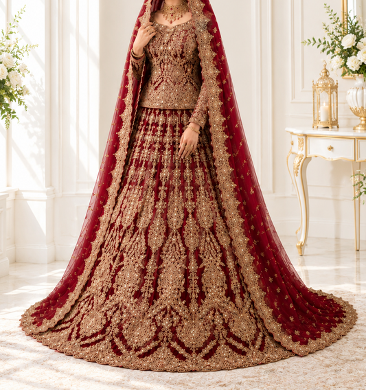 Regal Crimson Heavy Embroidered Short Kurti Lehenga with Flowing Veil and Trail