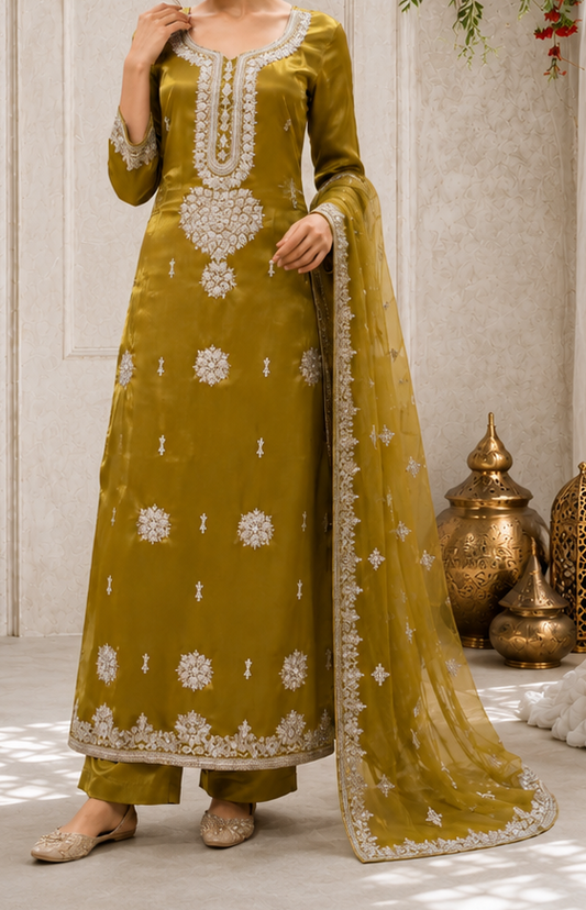Olive Gold Embellished Long Straight Shirt and Trouser Set with Dupatta (Replica)