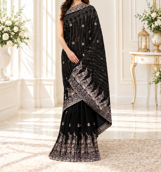 Midnight Black Heavily Embellished Saree and Blouse Set