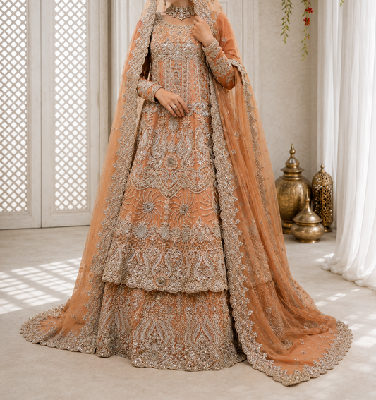 Peach and Silver Heavily Embellished Bridal Pishwas and Lehenga Set