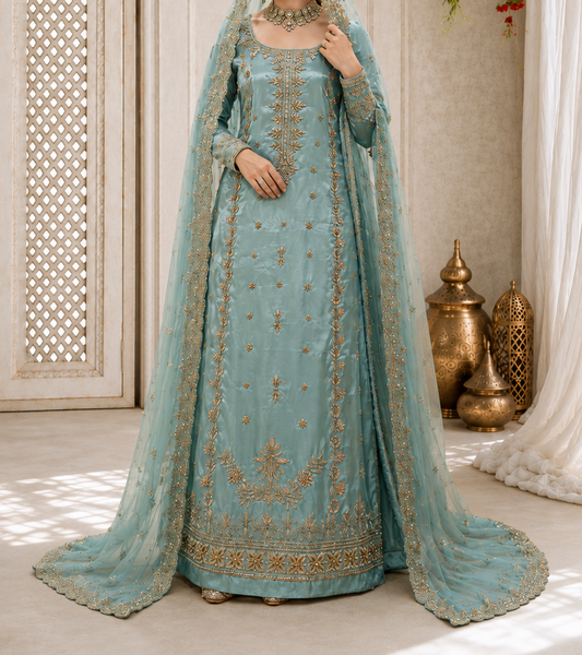 Ethereal Aqua Blue Heavily Embellished Long Shirt and Lehenga Set with Dupatta