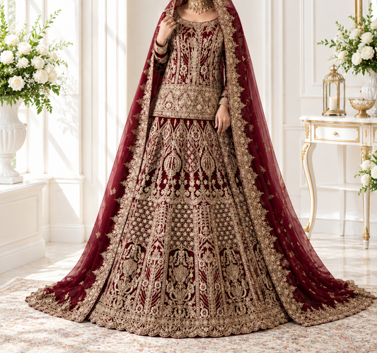 Regal Crimson Heavy Embroidered Short Kurti Lehenga with Wide Flowing Veil Train