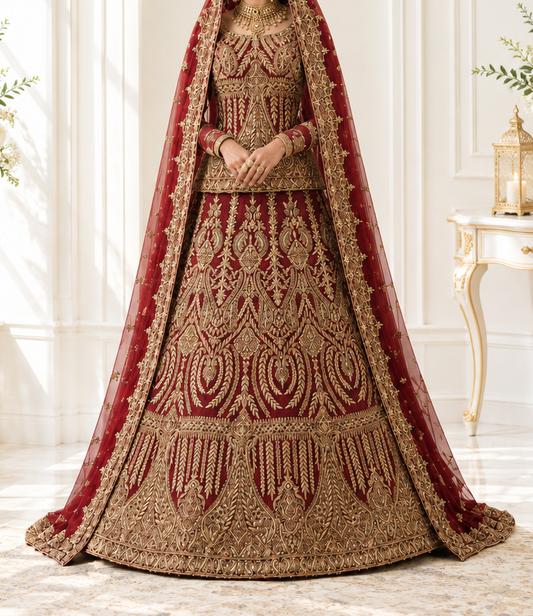 Regal Crimson Heavy Embroidered Short Kurti Lehenga with Long Sleeves and Sheer Veil