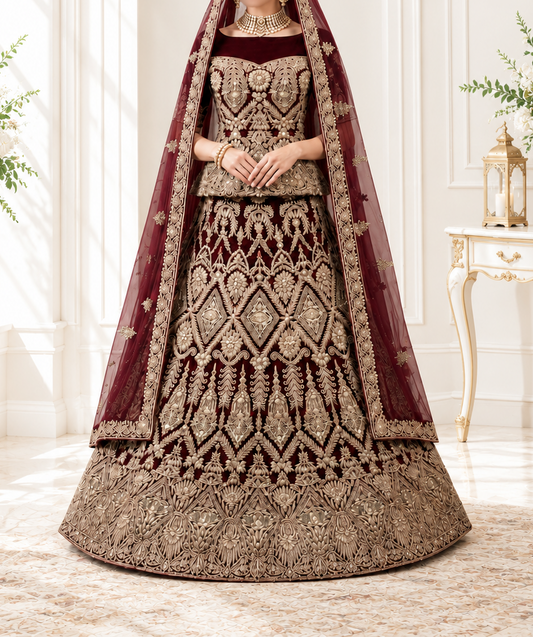 Regal Crimson Heavy Embroidered Peplum Lehenga Choli