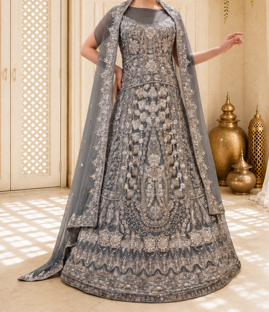 Hand-Embroidered Slate Grey Luxury Formal Maxi with Cape/Shawl