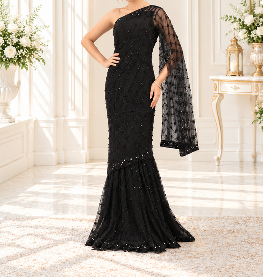 Midnight Black One-Shoulder Embellished Gown with Draped Sleeve
