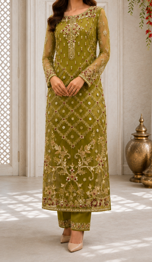 Olive Green Check-Pattern Embellished Straight Shirt and Trouser Set