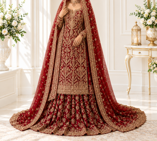 Regal Crimson Heavy Embroidered Long Kurti Lehenga