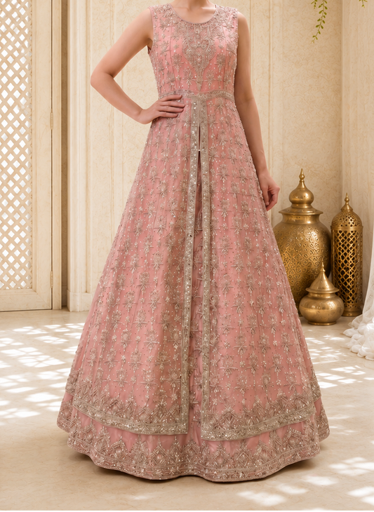 Hand-Embroidered Rose Pink Luxury Formal Front-Slit Maxi Gown