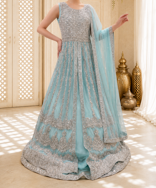 Hand-Embroidered Mint Aqua Luxury Formal Maxi Gown