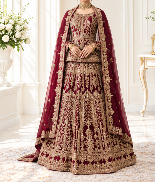 Regal Crimson Heavy Embroidered Peplum Lehenga Choli with Flowing Veil