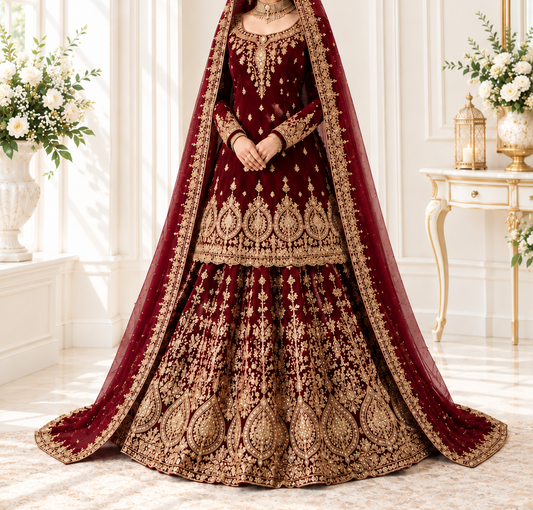 Regal Crimson Heavy Embroidered Short Kurti Lehenga with Kurta-Style Top and Wide Veil