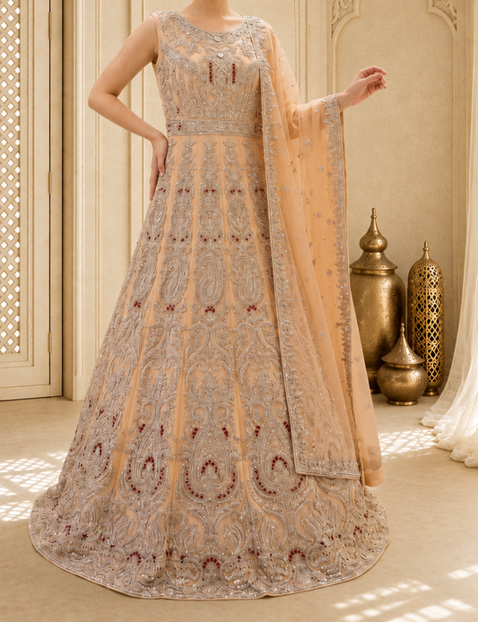 Hand-Embroidered Peach and Silver Luxury Formal Maxi Gown