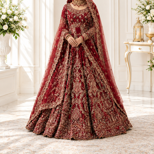 Regal Crimson Heavy Embroidered Bridal Lehenga Choli with Layered Skirt