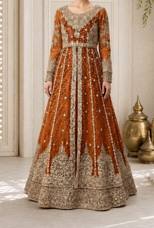 Hand-Embroidered Burnt Orange Long-Sleeve Luxury Formal Front-Slit Maxi Gown
