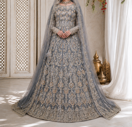 Hand-Embroidered Slate Grey Long-Sleeve Luxury Formal Front-Slit Maxi Gown with Dupatta
