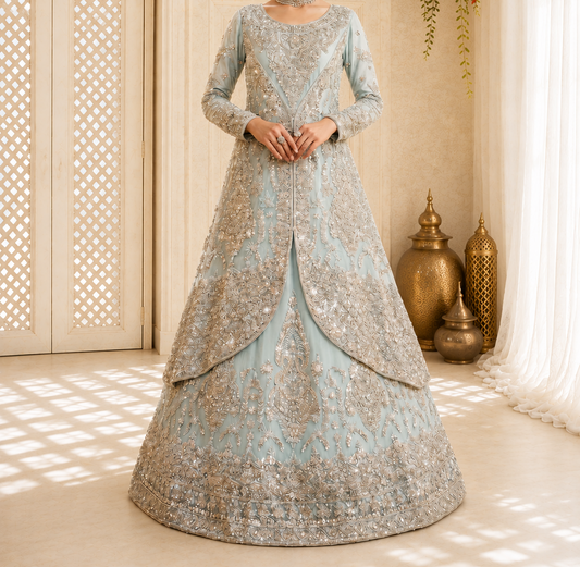 Hand-Embroidered Mint Green Long-Sleeve Luxury Formal Peplum & Lehenga/Maxi