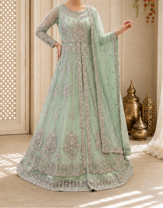 Hand-Embroidered Mint Green Long-Sleeve Luxury Formal Front-Slit Maxi Gown