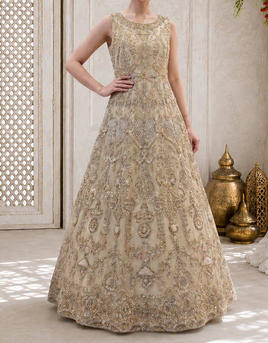 Hand-Embroidered Champagne Gold Luxury Formal Maxi