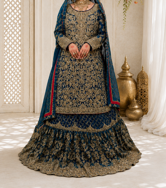Hand-Embroidered Deep Blue and Gold Long-Sleeve Luxury Formal Kurti & Lehenga