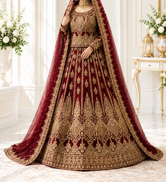 Regal Crimson Heavy Embroidered Short Kurti Lehenga with Waist Belt and Chevron Embroidery