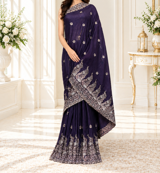 Deep Purple Heavily Embellished Saree and Blouse Set
