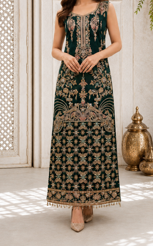 Emerald Green Embellished Long Straight Shirt Set