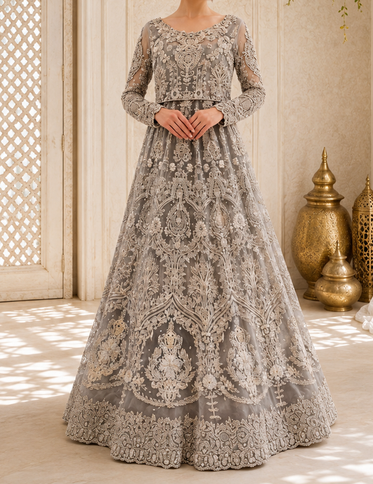 Hand-Embroidered Grey-Taupe Long-Sleeve Luxury Formal Peplum & Lehenga/Maxi
