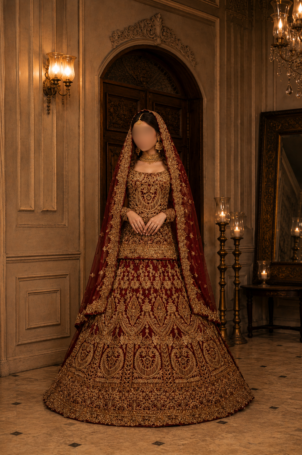 Regal Crimson &amp; Gold Heritage Bridal Lengha