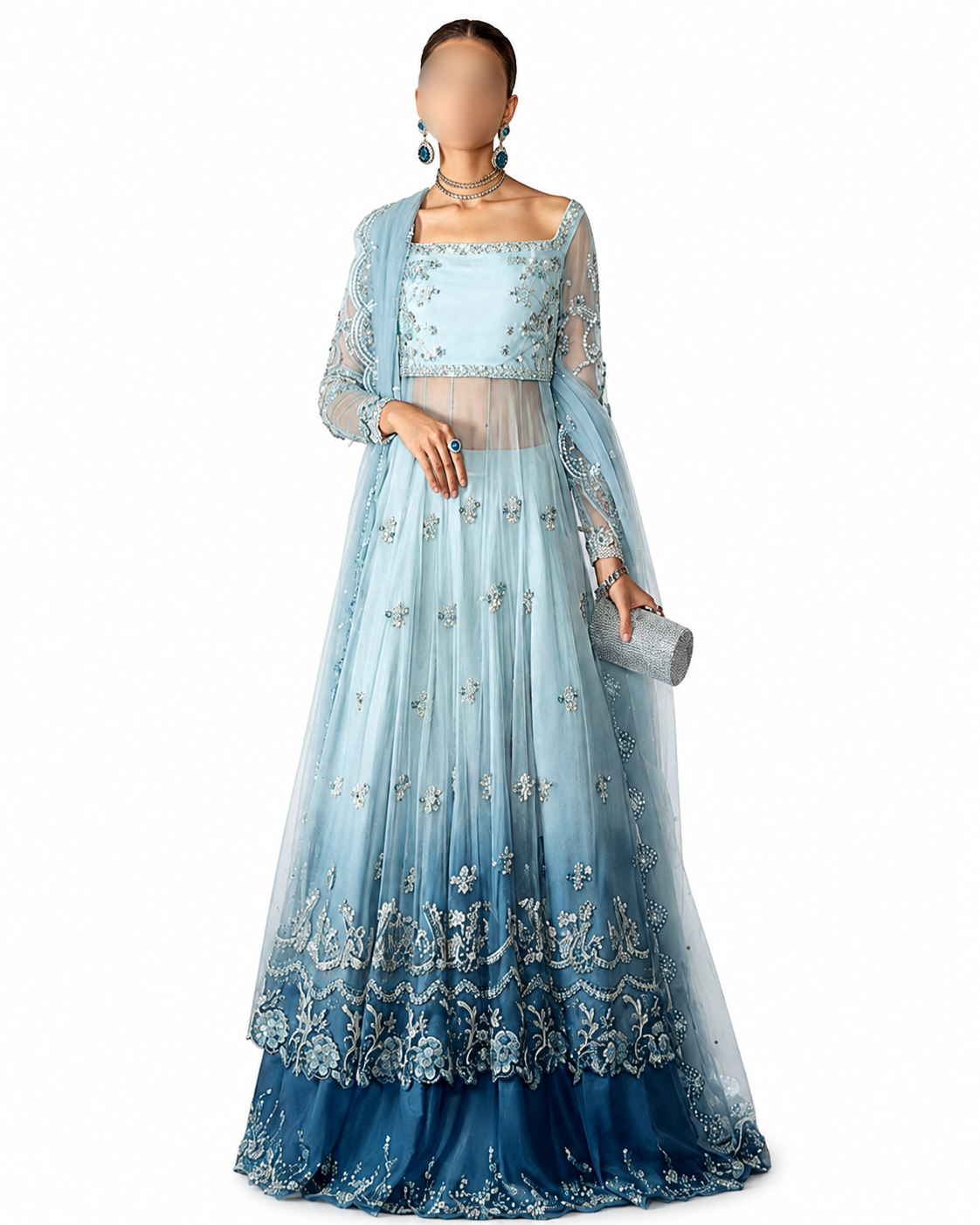 Ombré Blue Embellished Formal Lehenga Set