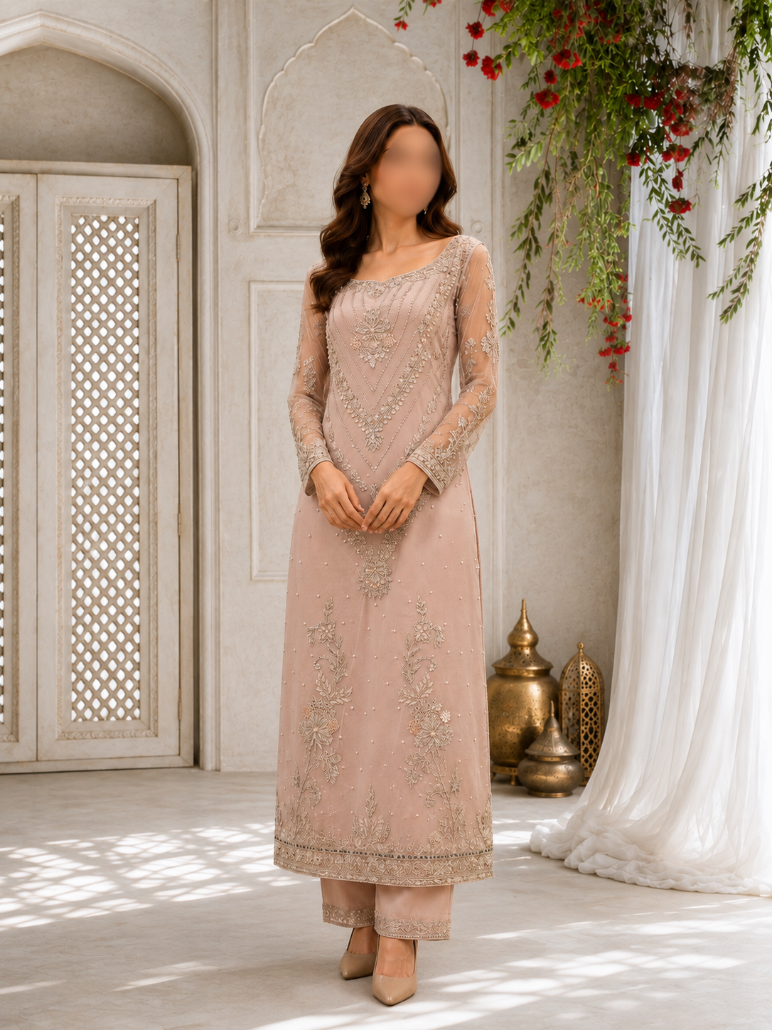 Soft Mauve Embellished Straight Shirt and Trouser Set