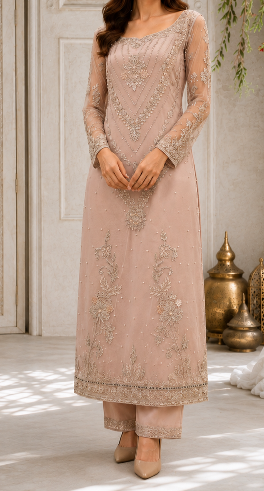 Soft Mauve Embellished Straight Shirt and Trouser Set