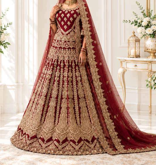Regal Crimson Heavy Embroidered Short Kurti Lehenga with Motif and Long Train