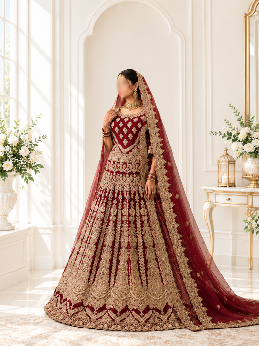 Regal Crimson Heavy Embroidered Short Kurti Lehenga with Motif and Long Train