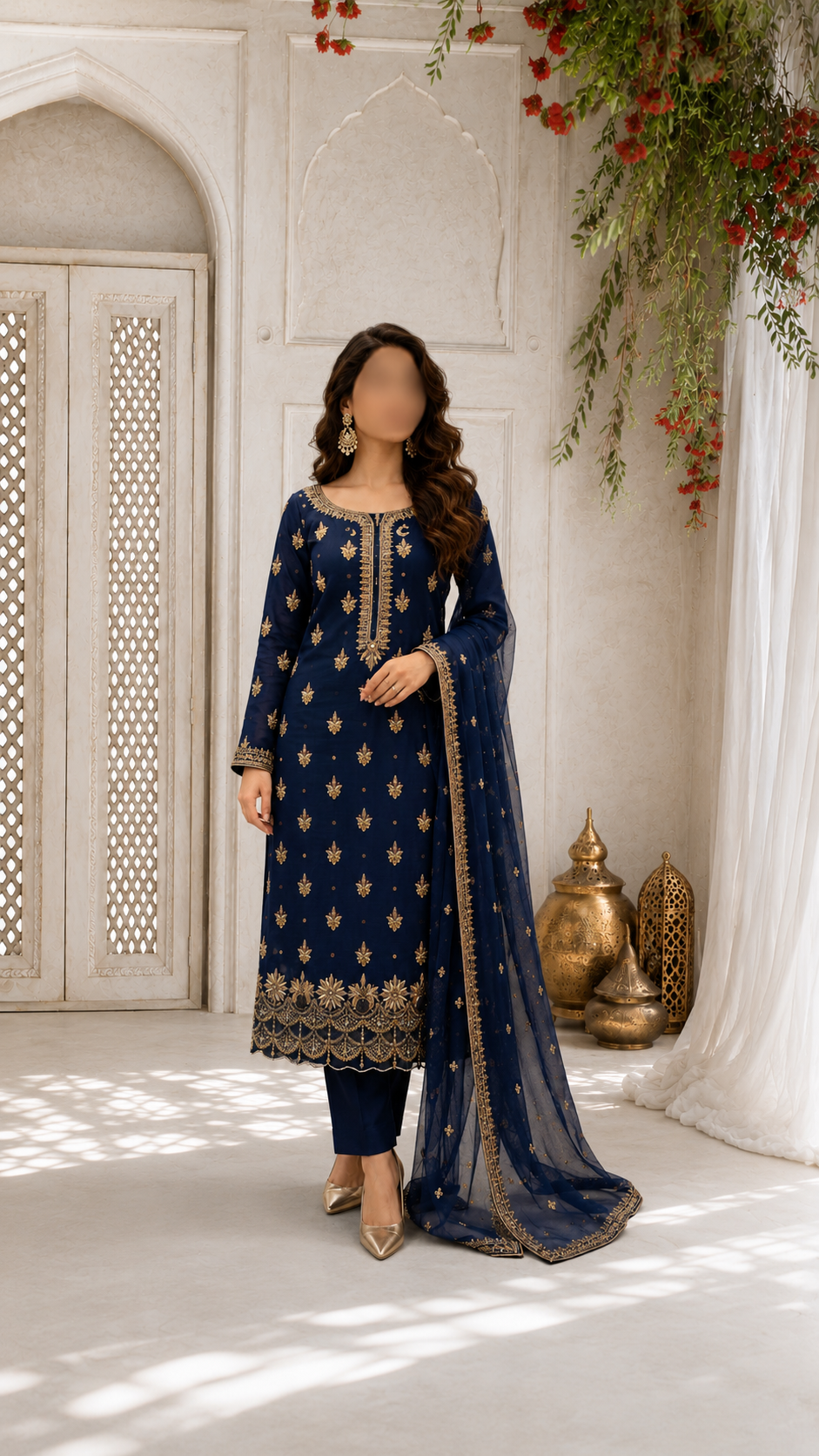 Midnight Blue Gold-Embellished Long Straight Shirt and Trouser Set with Dupatta
