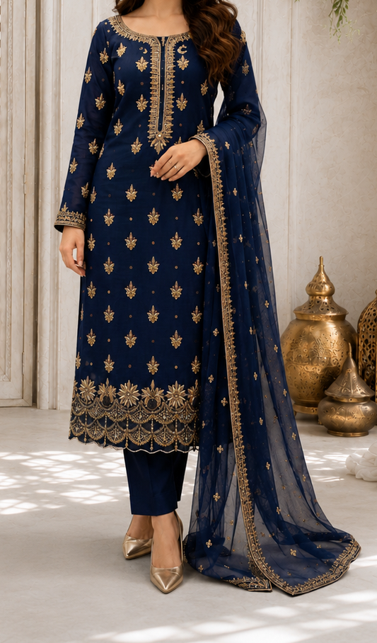 Midnight Blue Gold-Embellished Long Straight Shirt and Trouser Set with Dupatta
