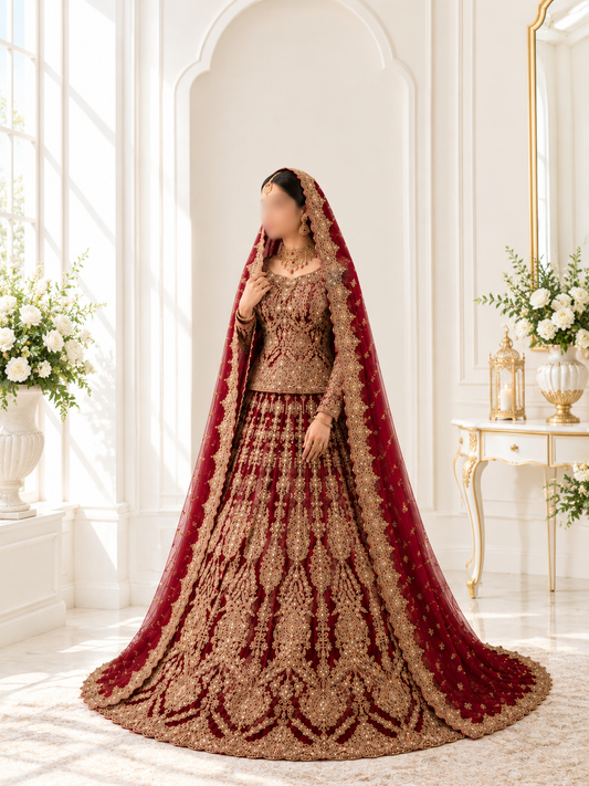 Regal Crimson Heavy Embroidered Short Kurti Lehenga with Flowing Veil and Trail