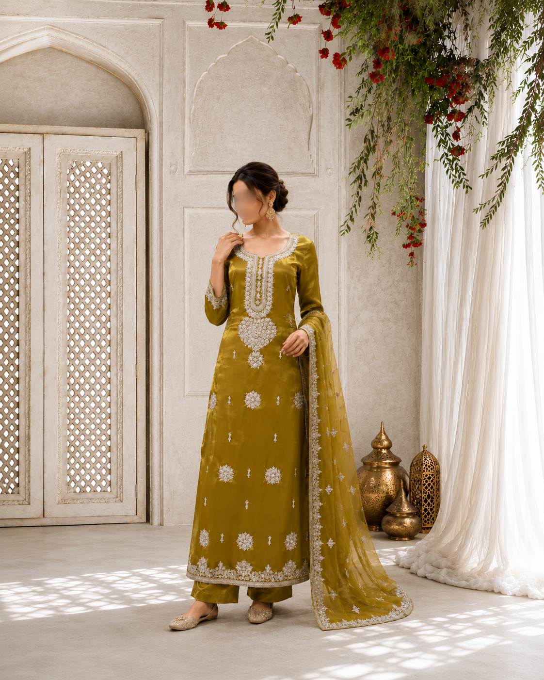 Olive Gold Embellished Long Straight Shirt and Trouser Set with Dupatta (Replica)