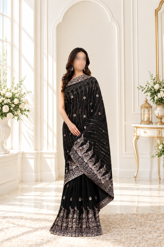 Midnight Black Heavily Embellished Saree and Blouse Set