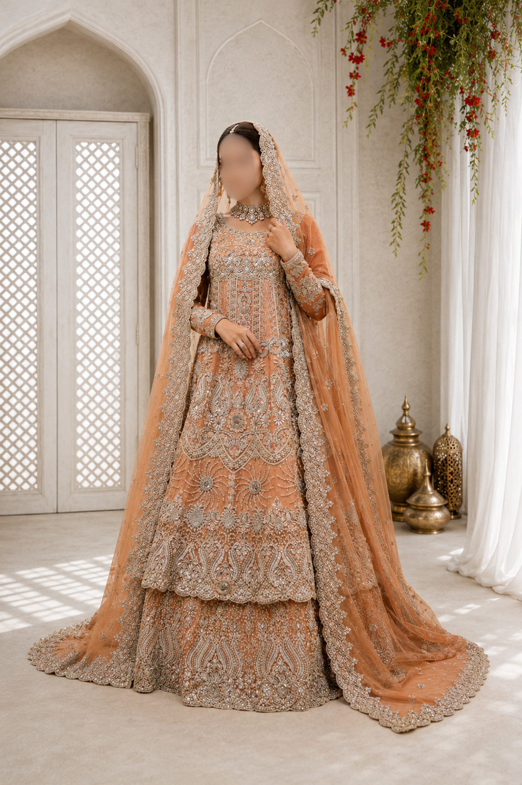 Peach and Silver Heavily Embellished Bridal Pishwas and Lehenga Set
