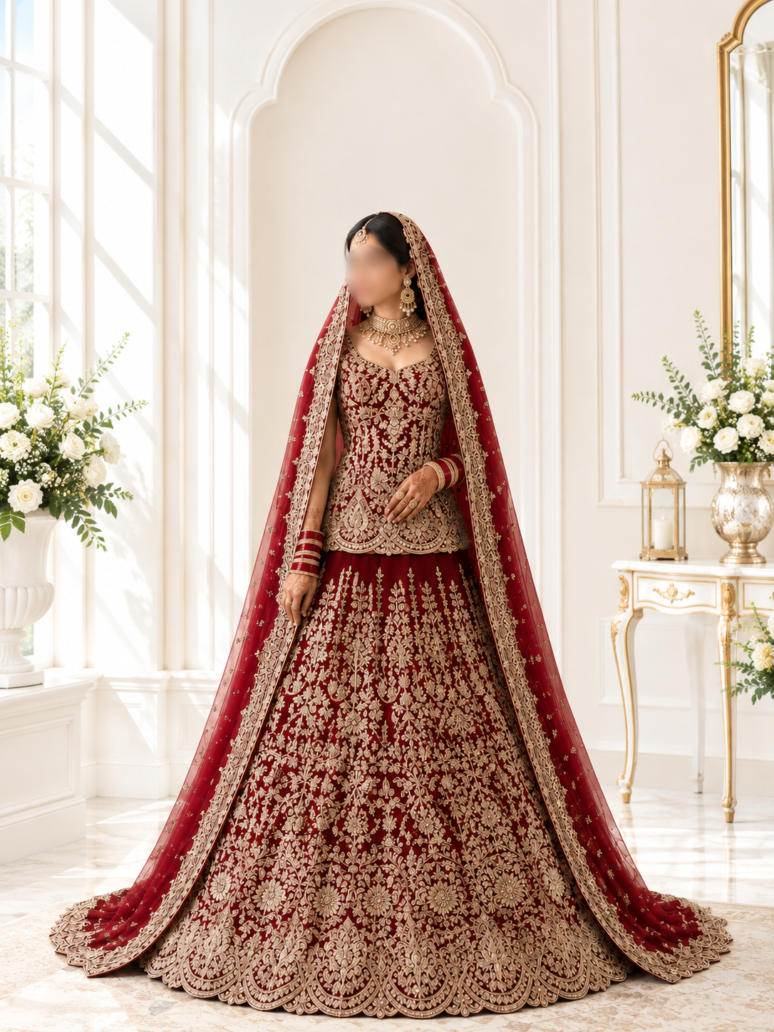 Regal Crimson Heavy Embroidered Short Kurti Lehenga with Sweetheart Neckline and Gold-Bordered Veil
