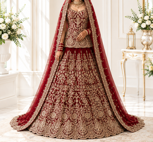 Regal Crimson Heavy Embroidered Short Kurti Lehenga with Sweetheart Neckline and Gold-Bordered Veil