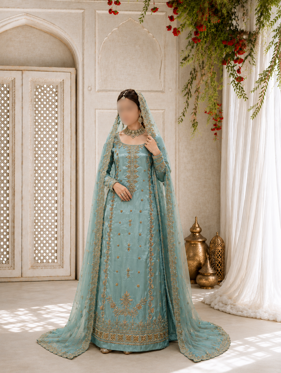 Ethereal Aqua Blue Heavily Embellished Long Shirt and Lehenga Set with Dupatta