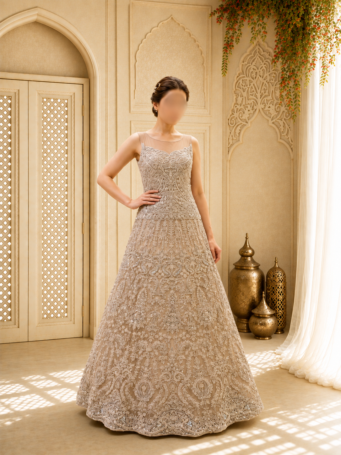 Hand-Embroidered Metallic Silver-Taupe Luxury Formal Maxi Gown