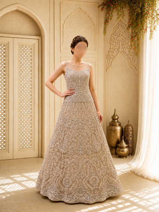 Hand-Embroidered Metallic Silver-Taupe Luxury Formal Maxi Gown