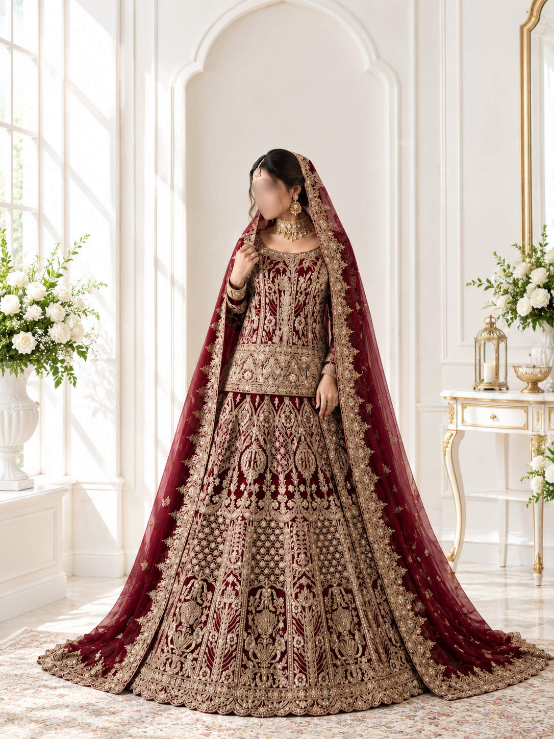 Regal Crimson Heavy Embroidered Short Kurti Lehenga with Wide Flowing Veil Train