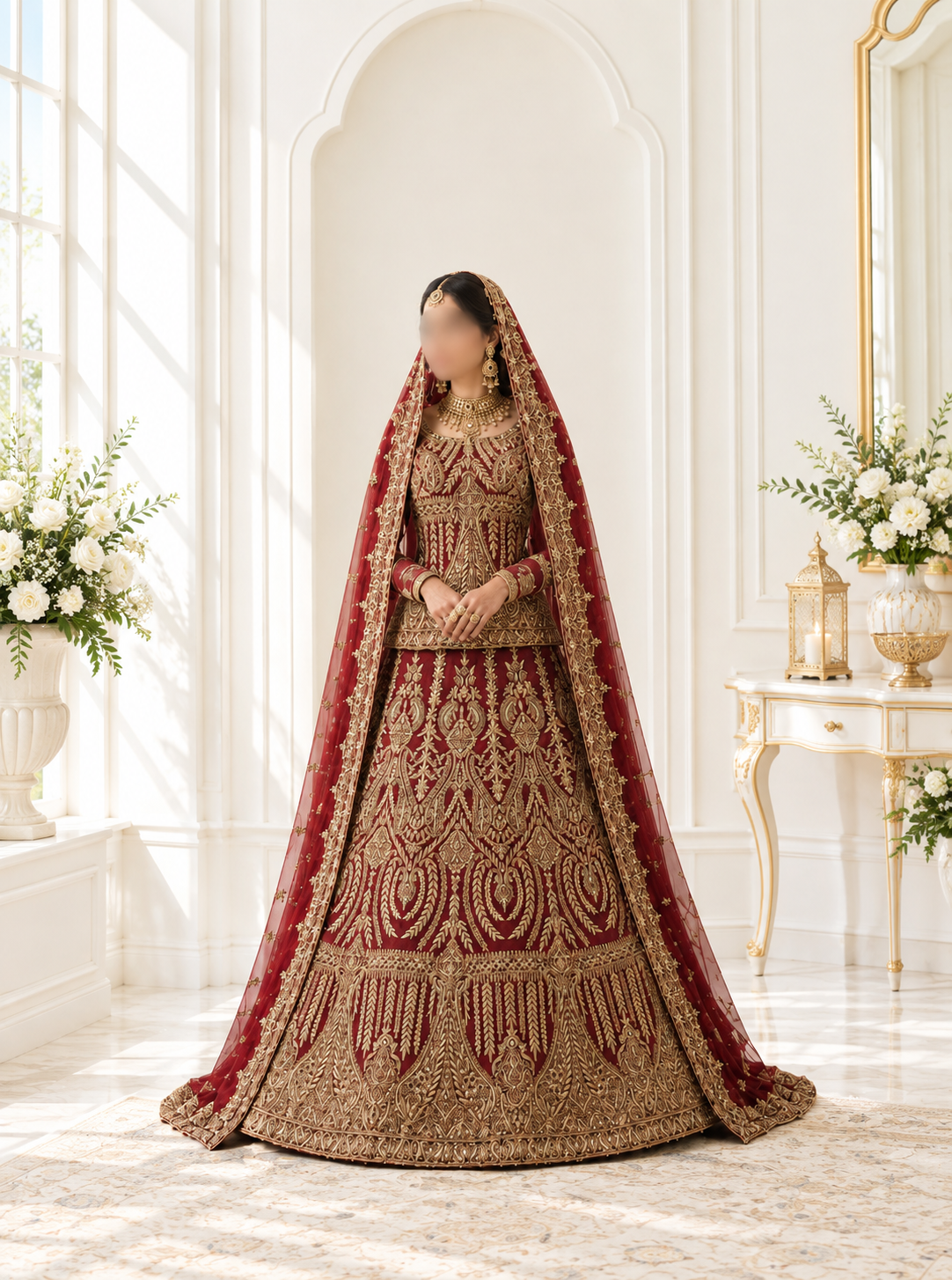 Regal Crimson Heavy Embroidered Short Kurti Lehenga with Long Sleeves and Sheer Veil