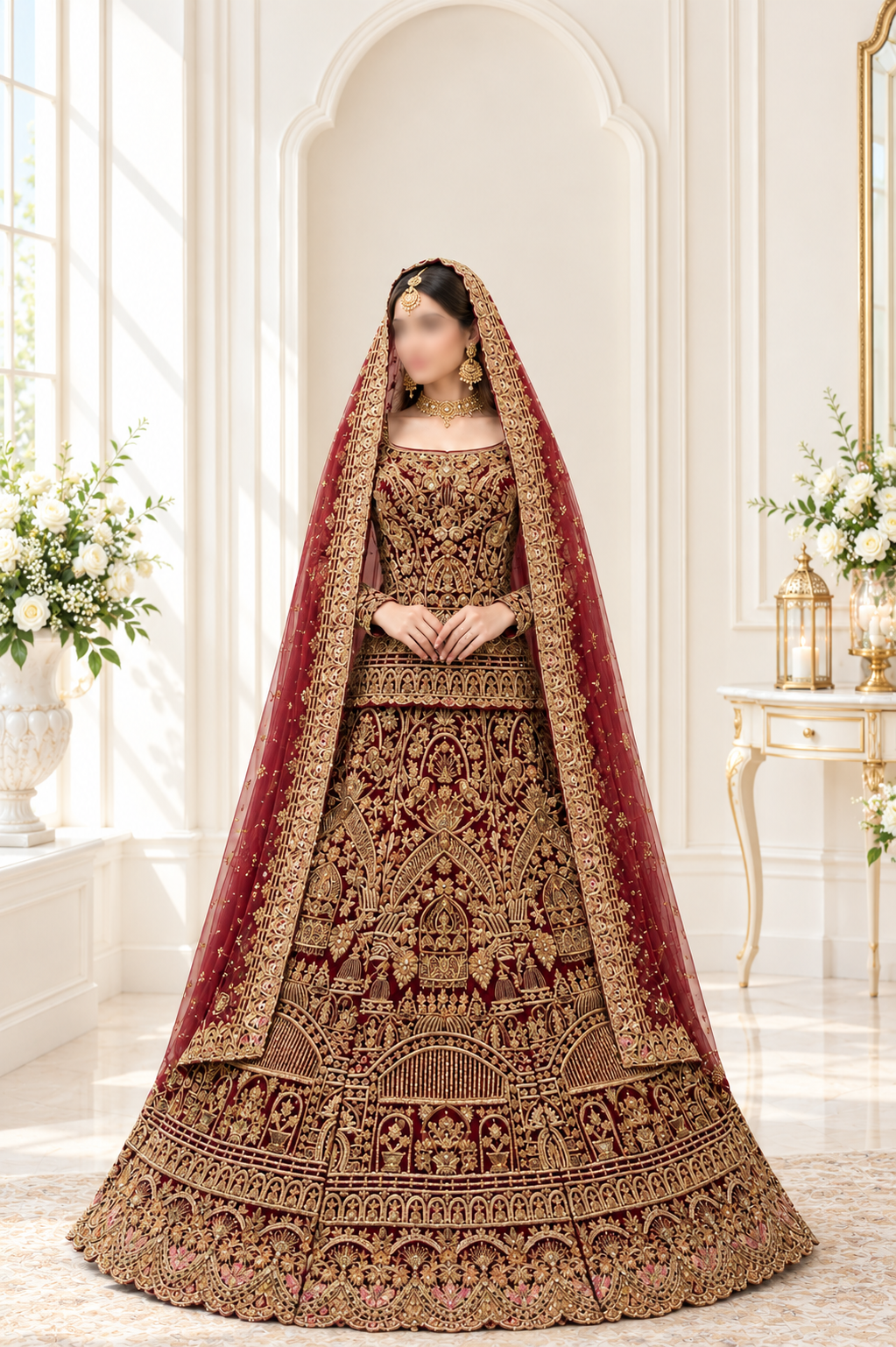 Bride wearing crimson and gold heavily embroidered bridal lehenga with matching dupatta