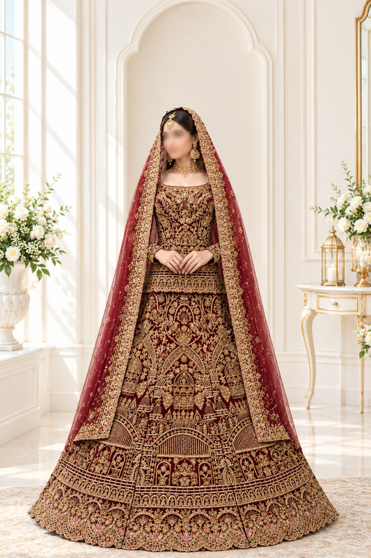 Bride wearing crimson and gold heavily embroidered bridal lehenga with matching dupatta