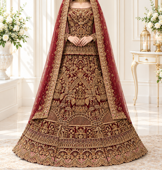 Regal Crimson and Gold Heritage Bridal Lehenga with Double Dupatta